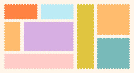 Frames Scalloped Vector Corrugated Bento Grid Shapes Set. Scallop Frame Wavy Retro Stickers Collection. Zig Zag Edge Geometric Borders Tag Boxes. Wiggle Line Design Sign Background. Isolated