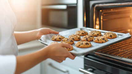 Freshly baked cookies are being pulled from oven, showcasing baker skill and passion for baking. warm, golden treats are perfectly arranged on tray, ready to delight
