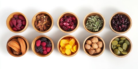 Food selection for cold and flu remedy featuring ingredients designed to boost the immune system, rich in vitamins, anthocyanins, antioxidants, and minerals, presented in wooden bowls on a white