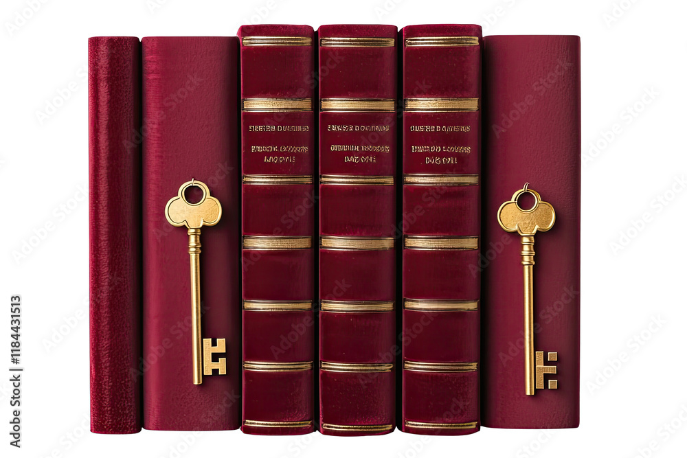 Poster velvet prosperity idea. elegant red books with golden keys symbolize knowledge and mystery in a scho