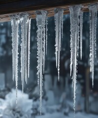 Glittering icicles hanging from a frosty windowpane, , sparkling frost