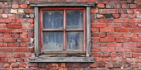 A window featuring a wooden frame is set against an old red brick wall, showcasing a damaged texture that adds character and charm to the scene. The unique window and wall details are captivating.