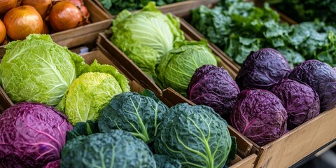Close up of various cabbage greens arranged beautifully on a market stall, showcasing the vibrant hues and fresh quality of the cabbage greens available for sale.