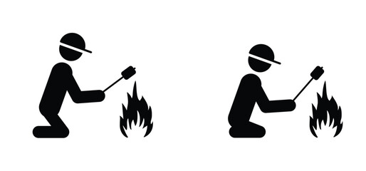Man sits by the campfire, warms his hands and marshmallow. marshmallows, fire flame. Stop, do not open fire. Stickman , stick figures man icon or pictogram. tourism, summer camp, fireplace on camping.