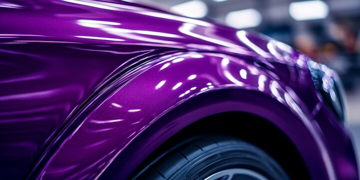 A close up view showcases the striking, lively purple metallic finish applied to a car, highlighting the brilliant hue and texture of the vehicles exterior.