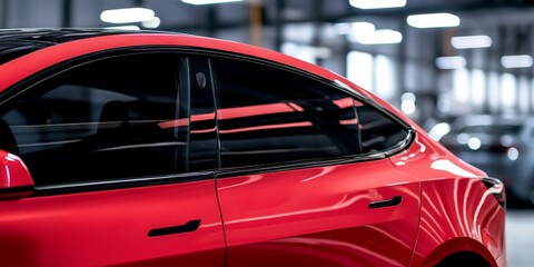 Side view of car window tint showcasing ceramic film that offers superior heat rejection and UV protection. This car tinting service ensures a stable color on the installed glass surface.