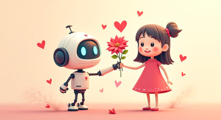 cartoon robot gives flowers to a girl, Valentine's Day, copy space