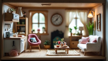 Charming Miniature Living Room with Pink Chairs and Cozy Decor