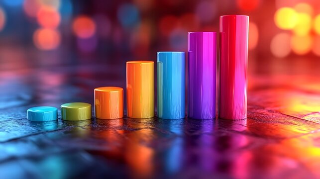 colorful bar graph rises against a blurred, multi-colored background