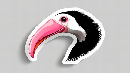 Obraz premium Close-up of a toucan's head, showcasing its vibrant pink beak and black feathers against a neutral gray background.
