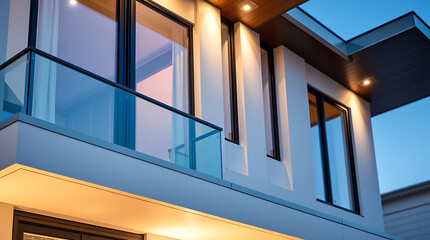 Fototapeta premium Low-angle view of a modern residential building's exterior at dusk. Features a light-colored facade, large windows with black frames, a glass balcony, and recessed lighting.