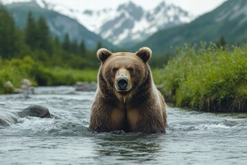 Obraz premium Bear catches fish in a mountain river surrounded by lush greenery and distant peaks