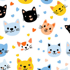 Obraz premium Colorful illustrated pattern of playful cats with hearts on a white background. Cute and cheerful design ideal for pet lovers or kids' themes.