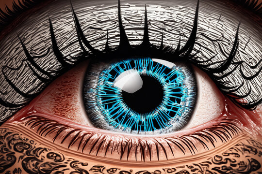 Close up of a man's eye. The eyeball looks into the blockchain. Image generated by artificial intelligence.