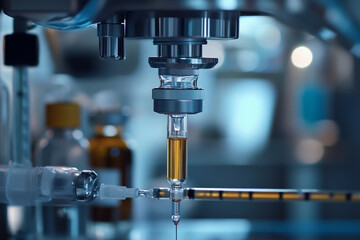Precision analysis device in a laboratory setting shows a syringe injecting liquid into the sample chamber during a research experiment
