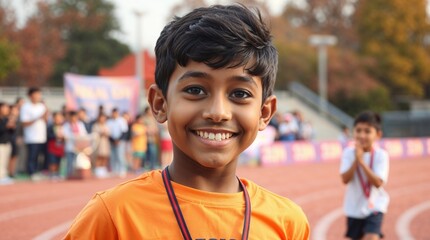 A sharply focused Indian schoolboy with brown skin and expressive features joyfully celebrates a relay race victory on a vibrant school sports day.