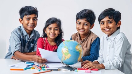 Four Indian schoolchildren with warm smiles and bright eyes engaged in a collaborative school project. A table strewn with papers, markers, and a globe.