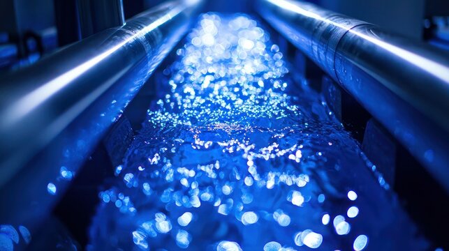 A close-up of clean, clear water being filtered through advanced water treatment systems, with blue light effects.