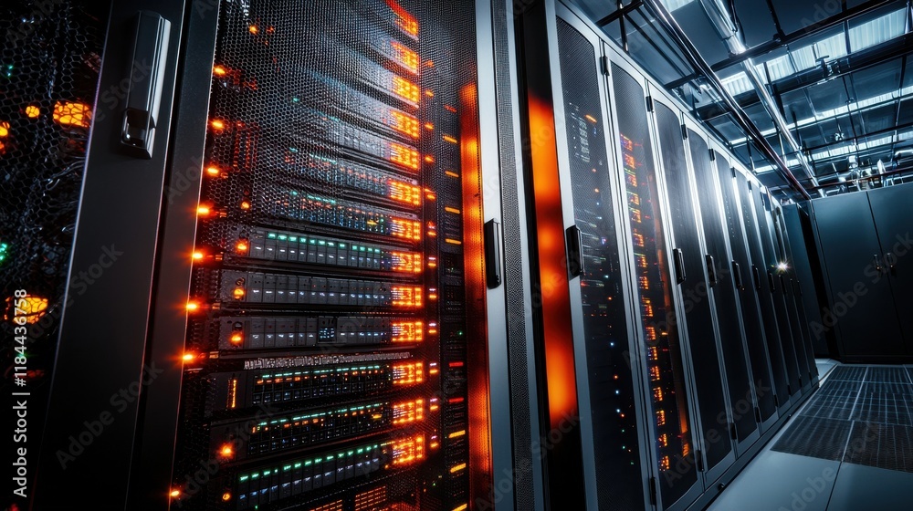 Poster futuristic data center with advanced computer server technology and network infrastructure