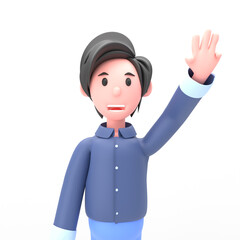 3D illustration of man shows hand counting three fingers. Portrait of cartoon smiling elegant businessman in blue suit with shows hand counting three fingers, isolated on white background.