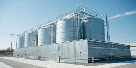 Obraz premium A modern water treatment facility with large filtration tanks and clean pipelines in a bright industrial setting.