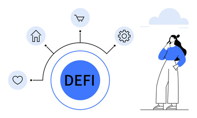 DEFI circle connected to heart, home, shopping cart, gear icons. Pensive person nearby. Ideal for blockchain, finance, technology connectivity decentralization economics future of money. Abstract