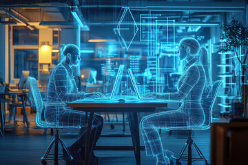 A digital office worker at a desk in a business office. Online and remote working concept
