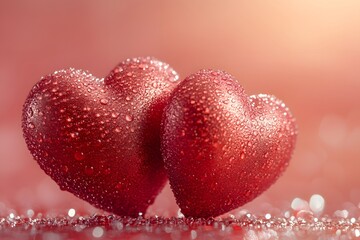 Obraz premium Romantic Valentine's Day: Decorative Red Hearts with Water Droplets for Cards and Posters