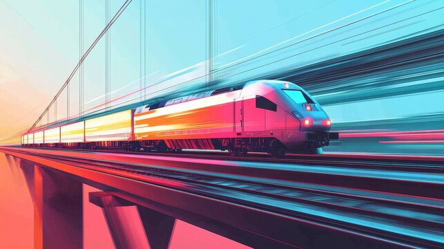 Speeding train journey across a modern bridge urban landscape digital art vibrant colors dynamic perspective transportation concept