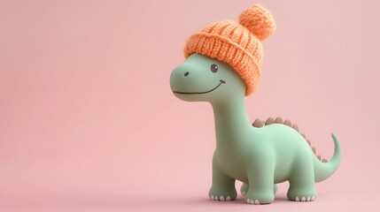 Obraz premium A Whimsical Green Dinosaur Toy in a Cute Knitted Orange Hat on a Subtle Pastel Pink Background Capturing Delightful Imagination