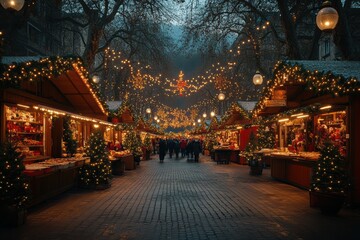 Fototapeta premium Holiday magic at a bustling Christmas market with food stalls and festive lights