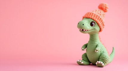 Obraz premium An Adorable Green Dinosaur Toy in a Small Knitted Orange Hat on a Vibrant Pastel Pink Background