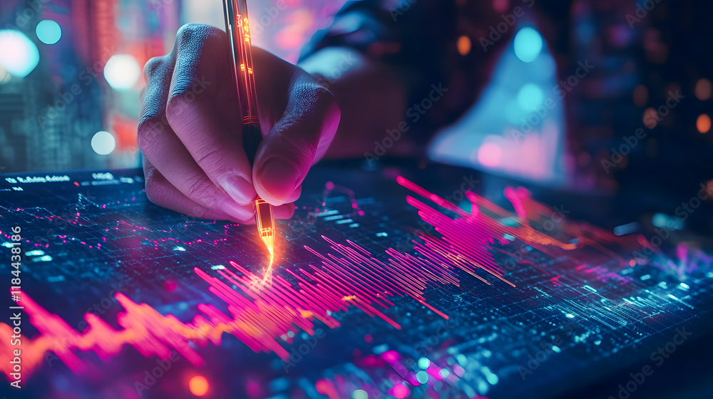 Poster a professional hand writing insights on a digital screen displaying colorful data visualizations and