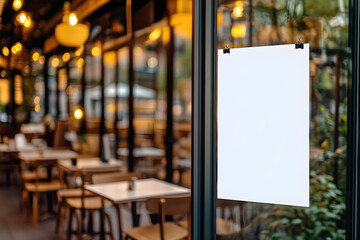 A blank white A4 paper is hanging on the glass door of an outdoor restaurant, with tables and chairs inside, surrounded by other cafes in different colors. The scene is captured from behind through a