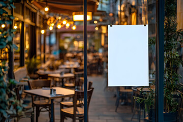 A blank white A4 paper is hanging on the glass door of an outdoor restaurant, with tables and chairs inside, surrounded by other cafes in different colors. The scene is captured from behind through a