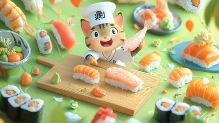 Obraz premium cheerful tabby cat sushi chef in white kimono prepares sushi with vibrant ingredients