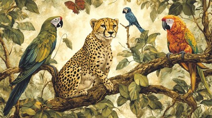 Lively jungle scene with leopard and colorful parrots tropical forest wildlife art nature close-up biodiversity awareness