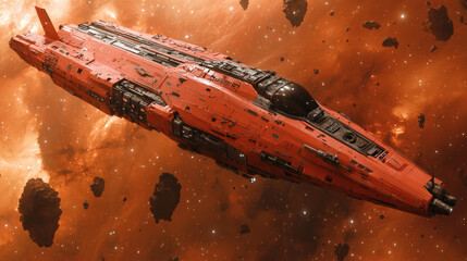 Red Spacecraft in Asteroid Field: A sleek, futuristic red spaceship glides through a vast asteroid field, bathed in the warm glow of a distant star.  The image evokes a sense of wonder, exploration.