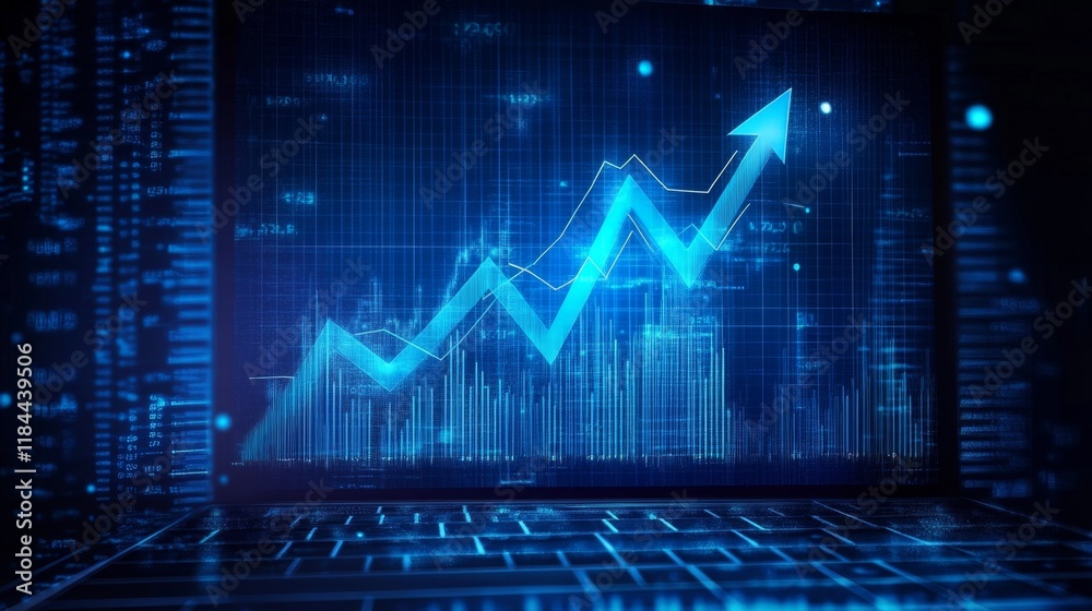 Poster digital growth metrics analysis virtual workspace data visualization tech environment close-up view 