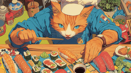 playful orange and white tabby cat dressed as chef prepares sushi with vibrant colors and delicious ingredients, showcasing culinary skills