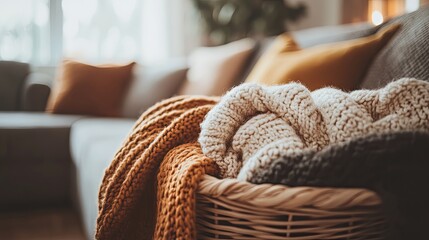 Obraz premium Autumnal Knitted Comfort in a Wicker Basket
