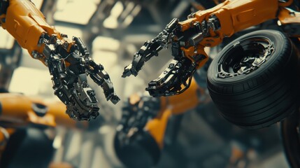 Fototapeta premium Robotic Arms Working to Attach Tires to Car Axles