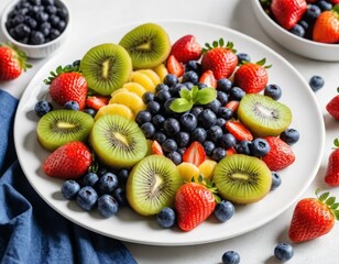 Obraz premium Vibrant Summer Fruit Salad Platter: Fresh Strawberries, Kiwis, Blueberries, and Pineapple