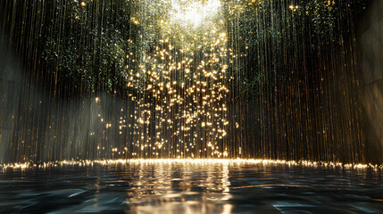 Golden Light Rainfall over Reflective Water
