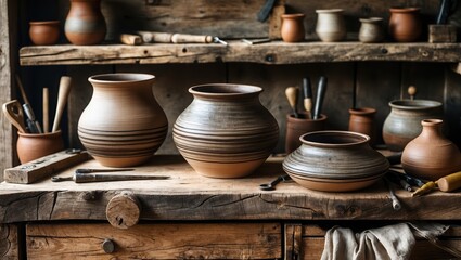 Rustic Workshop with Handmade Clay Pots and Pottery Tools
