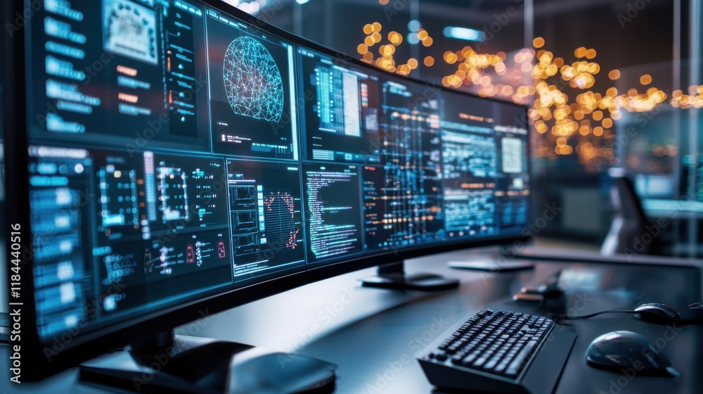 Poster futuristic digital data analytics dashboard interface with intelligence and machine learning