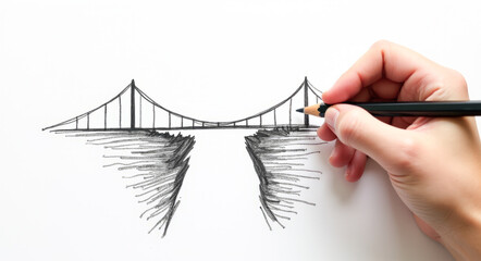 A hand draws a bridge over a chasm with a black pencil