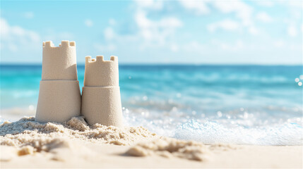 Obraz premium A close-up of a classic sandcastle on the beach. The fine details of the sand art evoke summer memories and a sense of carefree joy.