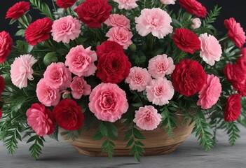 Beautiful flowers arrangement with red roses and pink carnations, pink carnations, arrangement, romance