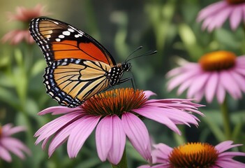 Obraz premium Butterfly sipping nectar from purple coneflower, nature, nectar, insects